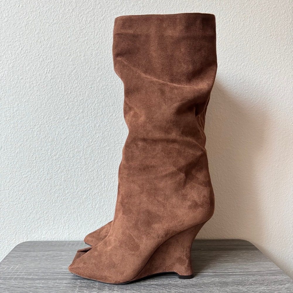 Jeffrey Campbell Kati Knee High Open Toe Wedge Boots Womens 7.5 Brown Suede - Picture 2 of 6